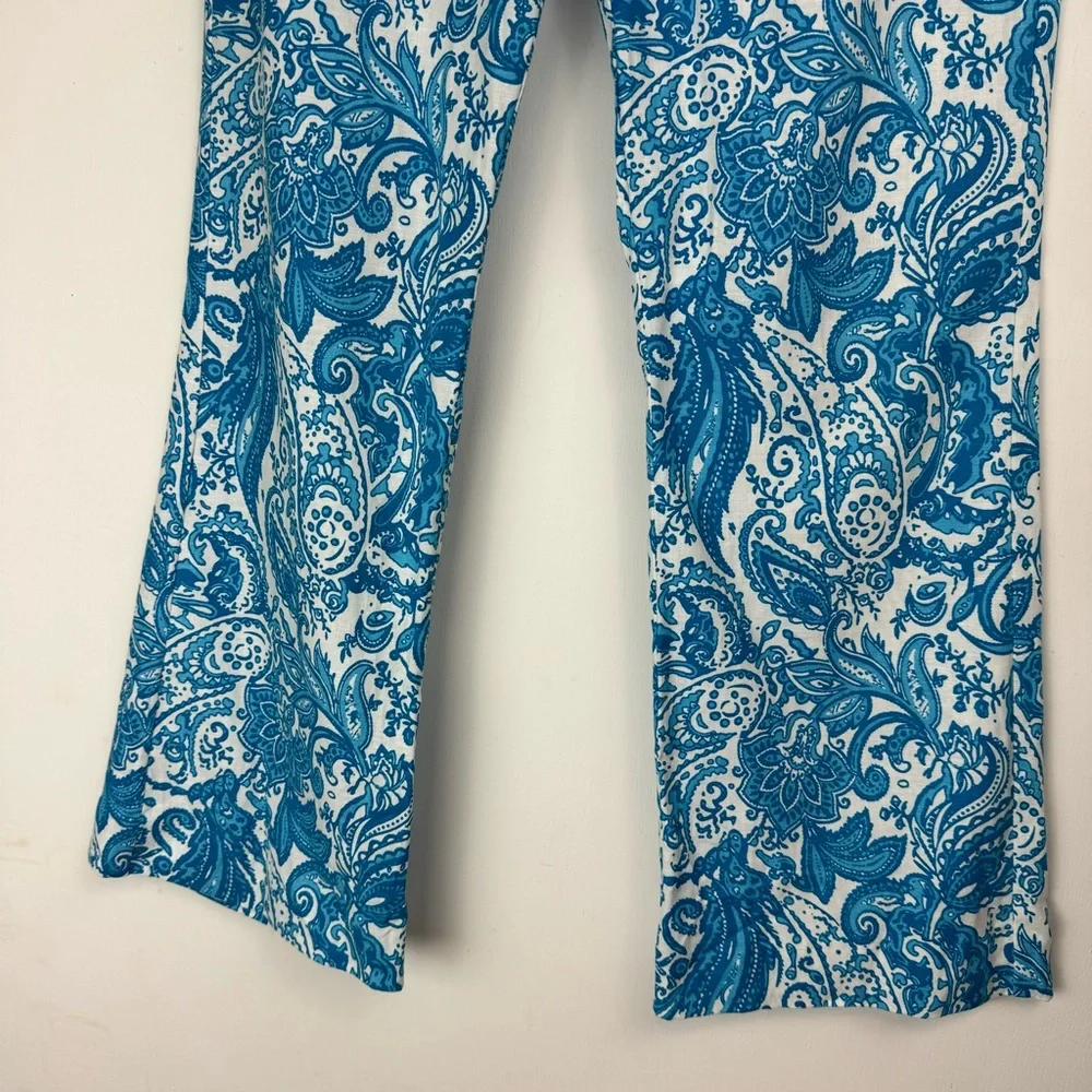 NWOT ZARA Linen Blend Trouser Pants Sz 6 Kick Flare Hem Blue Paisley Print